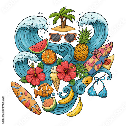 Vibrant cartoon doodle elements: swirling ocean waves, sandy island with palm tree, tropical fruit, ice cream, surfboard, bikini on transparent background, summer holiday fun concept