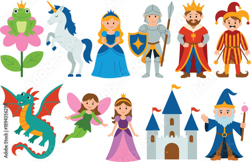 Fairy Tale Royalty Vector Set King, Princesses, Knight, and Castle Characters