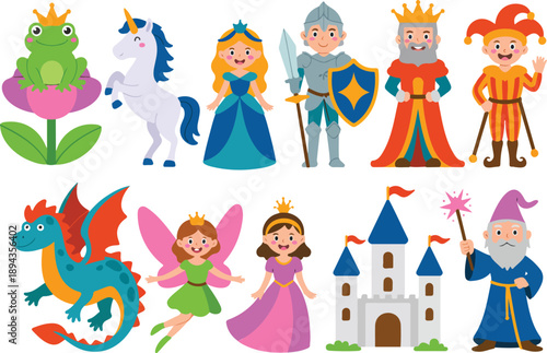 Fairy Tale Royalty Vector Set King, Princesses, Knight, and Castle Characters
