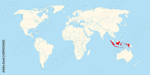 Premium world map template showcasing the strategic location of Indonesia across the vast emerald equator archipelago