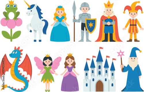 Fairy Tale Royalty Vector Set King, Princesses, Knight, and Castle Characters