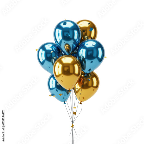 Vibrant blue and gold metallic helium party balloons floating upwards, with square confetti raining down on a transparent background, professional studio shot. Lively celebration concept.