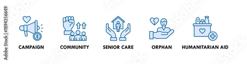 Charity banner web icon illustration concept with icon of campaign, commmunity, senior care, orphan, humanitarian aid