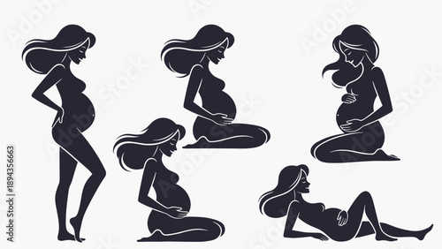 Black Silhouette Set of Pregnant Woman Vector Icons in Various Poses Including Sitting Kneeling and Reclining for Minimalist Logo Symbols and Maternity Health Graphic Design