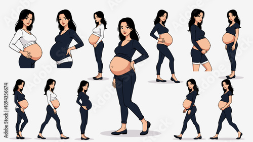 Pregnant Woman Vector Set Featuring Expectant Mothers in Blue and White Crop Tops with Exposed Belly Showing Various Walking and Standing Poses for Modern Maternity Lifestyle