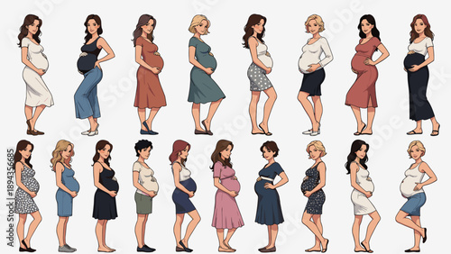 Large Collection of Pregnant Woman Vector Characters with Different Hair Colors Outfits and Fashion Styles Standing in Side View for Diverse Maternity and Pregnancy Projects