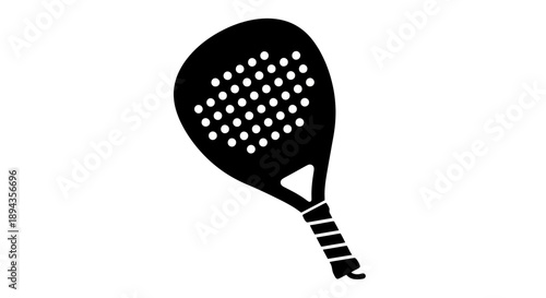 A black silhouette of a padel tennis racket with a textured surface and grip on a white background.