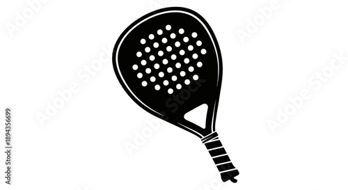 Black silhouette of a padel racket with a perforated surface and a short handle, isolated on a white background, representing a popular court sport.
