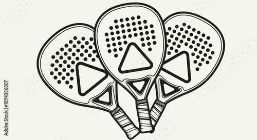 Three black and white line art paddle tennis rackets with triangular designs and holes, grouped together.