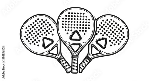 Three black and white outline paddle tennis rackets with perforated heads and triangular grip details, arranged in a fan shape.