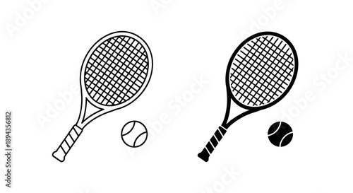 Two tennis rackets and balls, one in outline style and one in solid black silhouette, representing sports equipment for games.