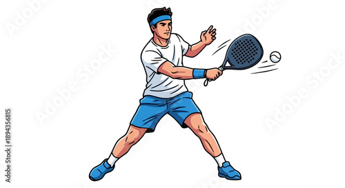 Detailed description of a male padel player in a blue and white outfit, actively hitting a ball with a padel racket during a game, depicted in a dynamic cartoon style.