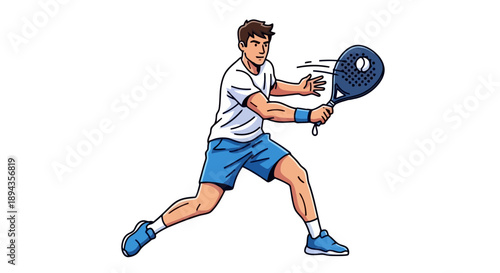 An energetic male athlete in a white shirt and blue shorts playing padel or pickleball, actively swinging his racket during a game.