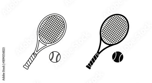 Black and white outline and silhouette icons of tennis rackets and balls, representing sports equipment and game elements.