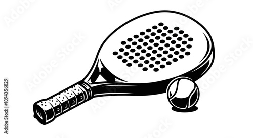 Black and white illustration of a padel tennis racket with a perforated face and a small ball next to it, on a white background.