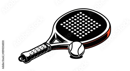 Black and white illustration of a padel racket with a perforated surface next to a tennis ball, depicting sports equipment.