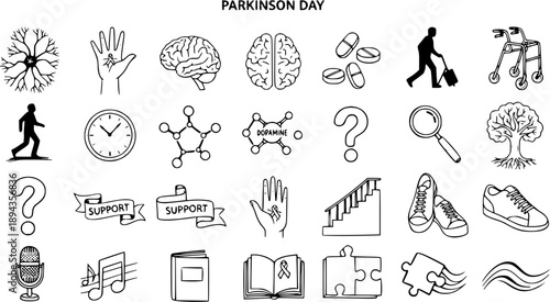 Parkinson's Disease Awareness Day Medical Icons Collection. Hand-drawn Black and White Line Art Symbols for Symptoms, Treatment, Support, and Research.