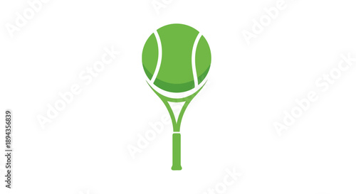 A stylized green tennis racket with a tennis ball integrated into its design, set against a clean white background, representing the sport of tennis.