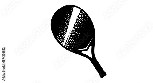 Black and white illustration of a tennis racket with textured details, depicting a classic sports equipment.