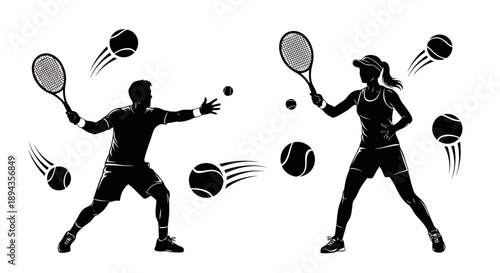 Silhouettes of a male and female tennis player in action with multiple tennis balls, depicting a dynamic sports scene.