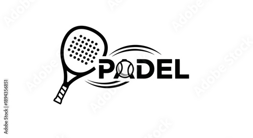 Black and white Padel logo featuring a racket and a ball design.