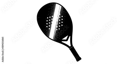 Black and white illustration of a modern padel racket with a textured surface and a prominent central stripe.