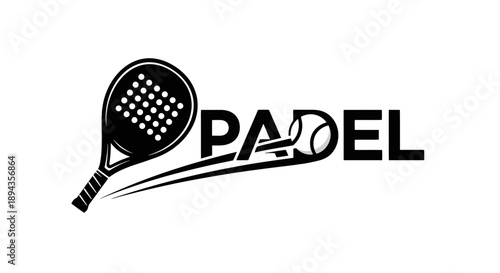 Black and white padel logo featuring a stylized racket and ball, with the word 'PADEL' written in bold letters.