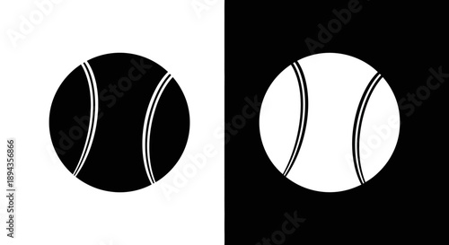 Stylized black and white tennis ball icons on contrasting backgrounds, representing sports and games.