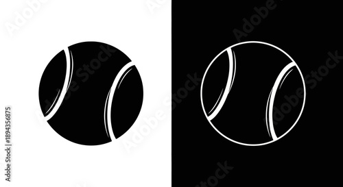 Minimalist black and white vector icons of tennis balls, one solid and one outlined, on split contrasting backgrounds.