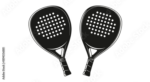Two black padel rackets with white dots on their faces, depicted as a stylized vector illustration on a white background.