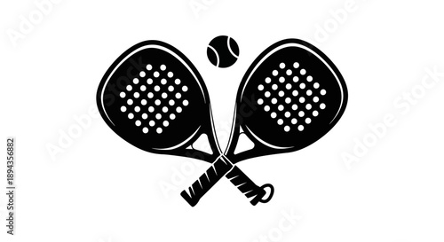 Black silhouette of two crossed padel tennis rackets with a padel ball above them, isolated on a white background.