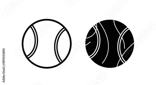 Two stylized representations of a tennis ball, one as a simple outline and the other as a solid black circle with abstract white curved lines.