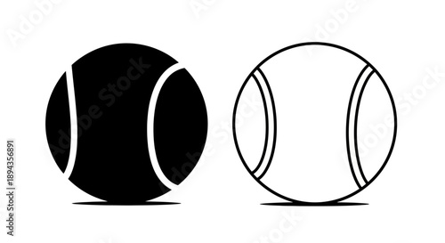 Black and white tennis ball icons, one solid and one outline, representing sports equipment.