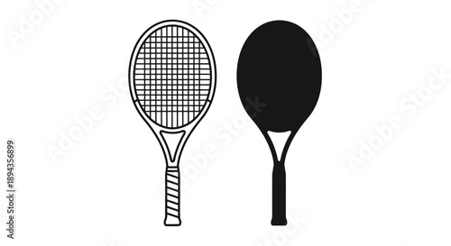 Black and white illustration of two tennis rackets, one as an outline and the other as a solid silhouette, against a white background.