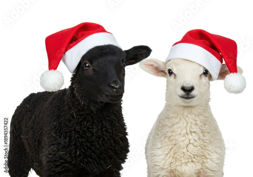 Two young domestic sheep, one black and one white, wearing red Santa hats, looking at camera on a transparent studio background with copy space, festive Christmas holiday spirit atmosphere
