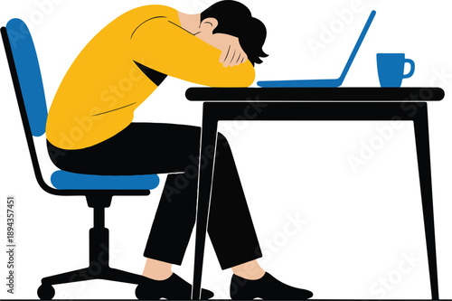 Tired Office Worker Vector Illustration Sleeping at Desk with Burnout