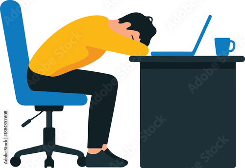 Tired Office Worker Vector Illustration Sleeping at Desk with Burnout