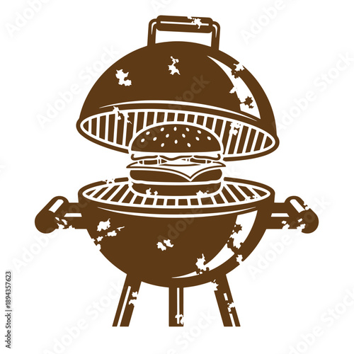 Vintage Grunge texture grill with lid open and hamburger on the grill grate for barbecue cooking outdoors one