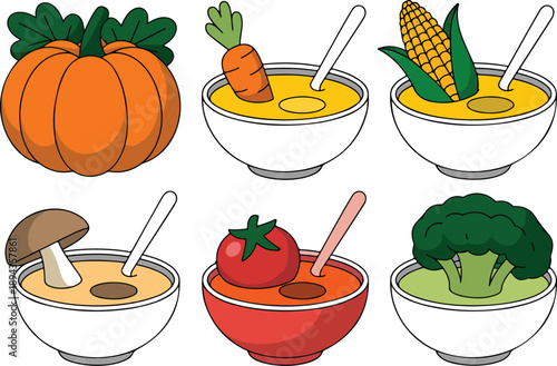 Vegetable Soup Bowl Vector Illustration Pumpkin, Carrot, Corn, Mushroom, Tomato, Broccoli