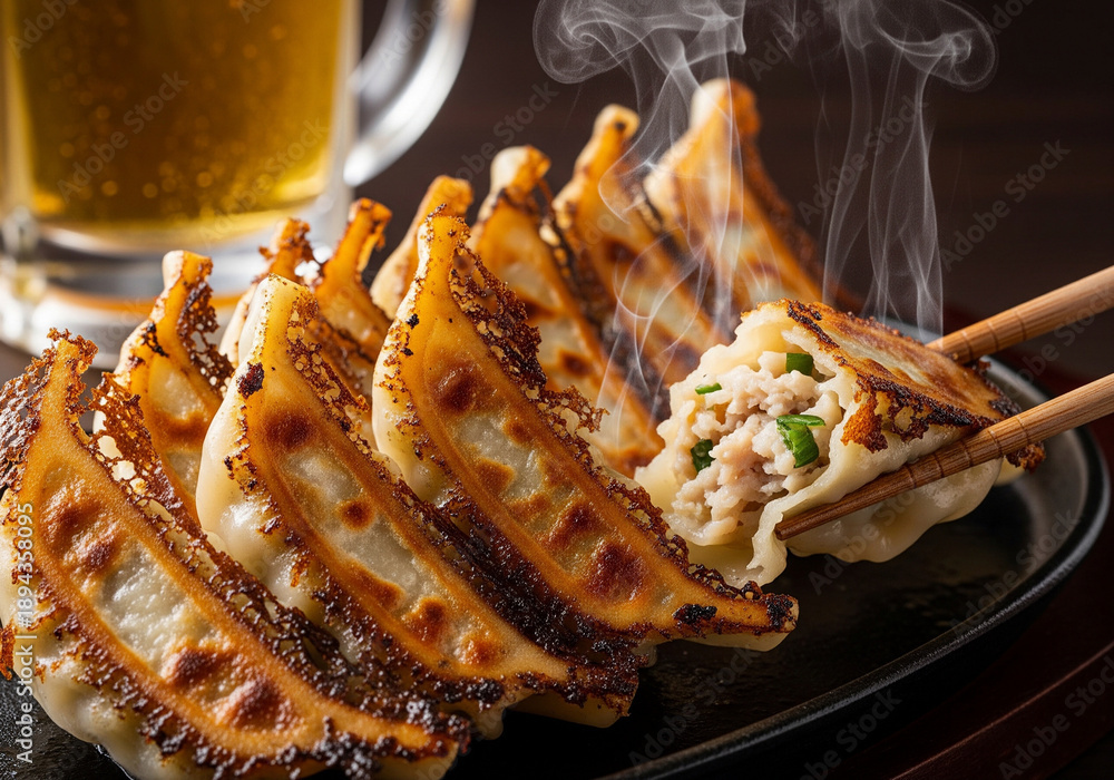 Naklejka premium 湯気立つ焼き餃子 ビールのおつまみ