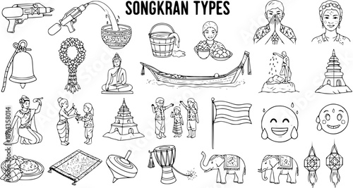 Songkran Festival Types  Thai Culture Black  White Line Art Doodle Set. Traditional Symbols, Activities  Elements.