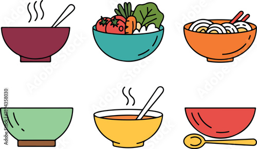 Set of Four Colorful Bowls Vector Illustration Soup, Salad, and Stew