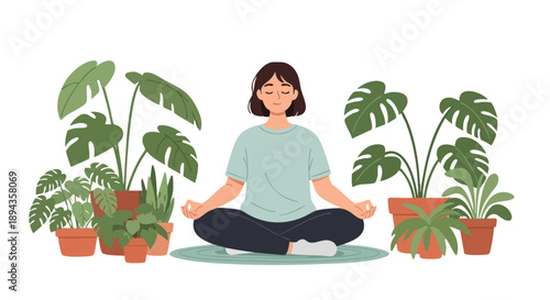 Woman meditating in lotus pose surrounded by lush green houseplants, promoting peace and mindfulness in a serene indoor environment.