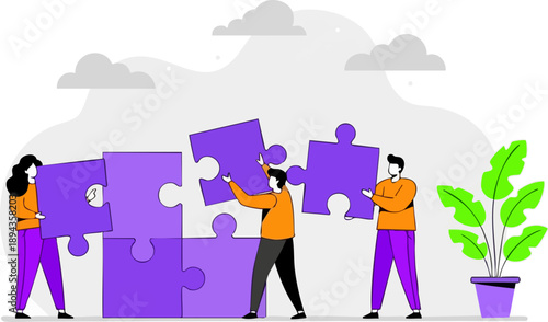 Three diverse team members collaborating effectively to assemble large purple puzzle pieces for project completion on white background