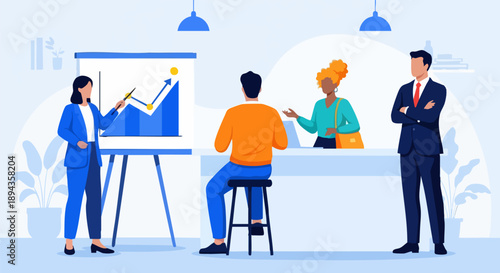 Diverse business team members collaborating during a presentation showing positive growth statistics on white background