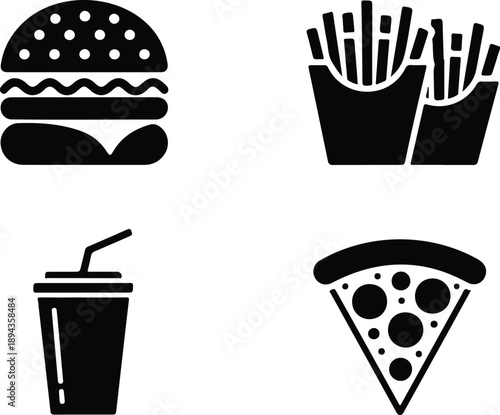Fast Food Silhouette Icon Set Burger, Fries, Pizza, and Soft Drink
