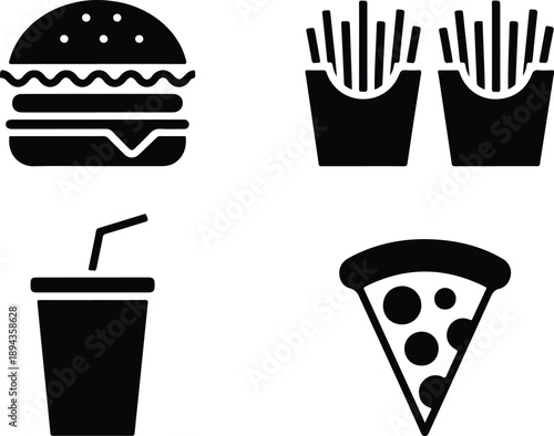 Fast Food Silhouette Icon Set Burger, Fries, Pizza, and Soft Drink
