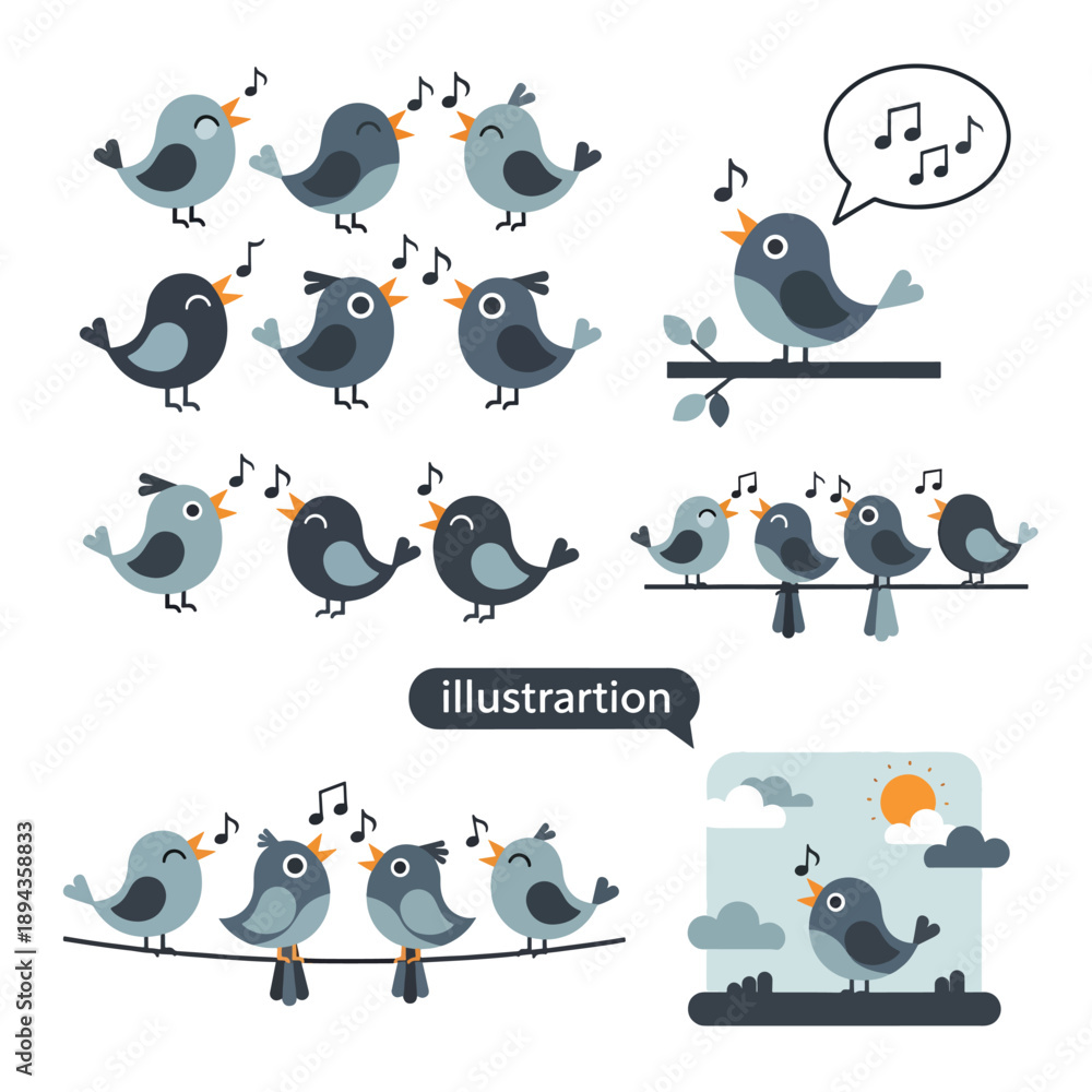 Fototapeta premium Cartoon Birds Singing on Branches