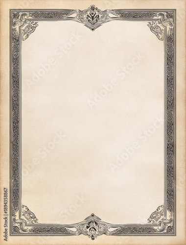 a page of blank paper with an ornate border in the style of medieval engraving, on an aged parchment background.