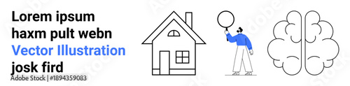 House structure, person holding balloon, brain icon. Ideal for creativity, home, health, technology education research simple landing page. Line metaphor. Simple line icons